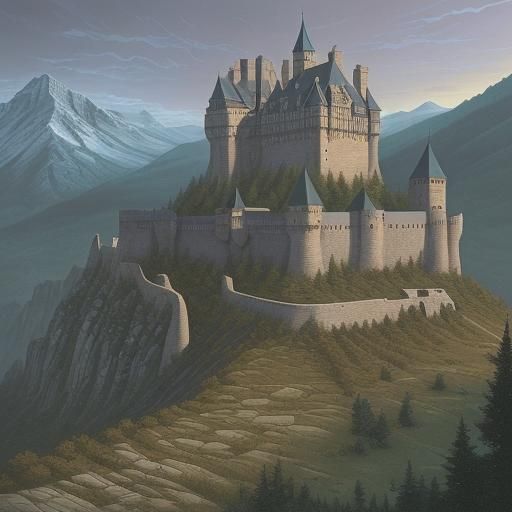Modern Walled Castle in Mountains: Comic Book Art