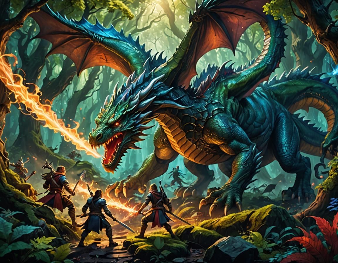 Fantasy Team Battles Dragon in Magical Forest