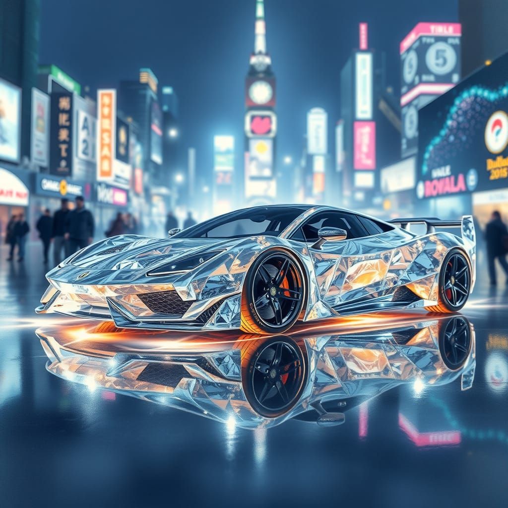 Crystalline Supercar Reflects Neon Cityscape, Watercolor Art