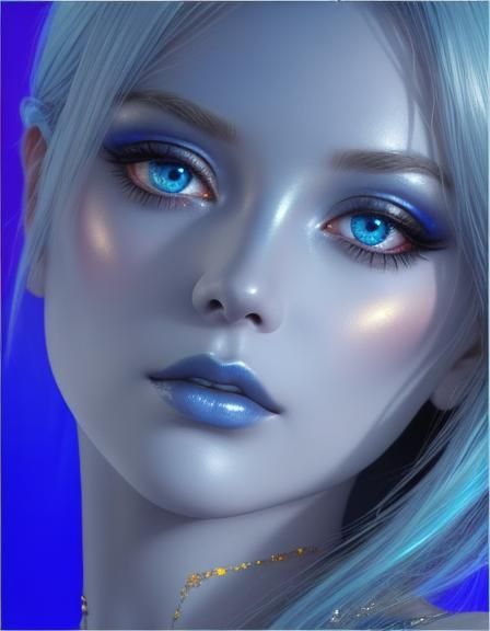 Ethereal beauty young lady with with light blue hair with sliver hair highlights and crystal blue eyes with metallic blu...