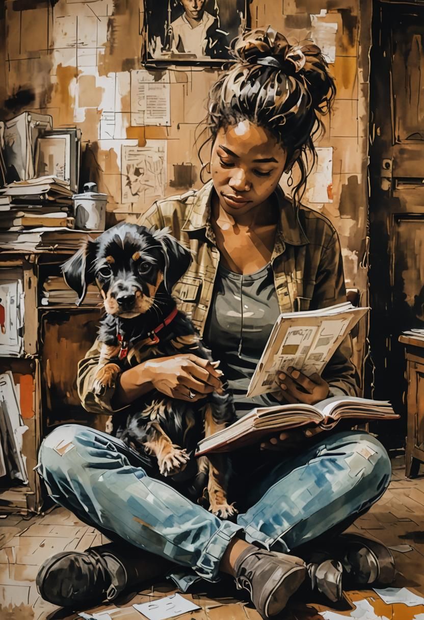 Girl holding her puppy in her lap, reading a book, sitting i...