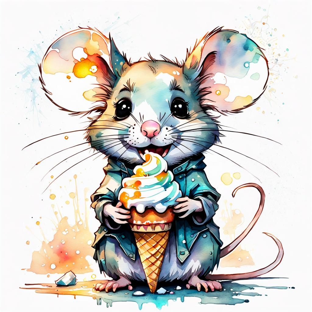 Chibi Mouse Delight: Watercolor Fantasy with Ice Cream