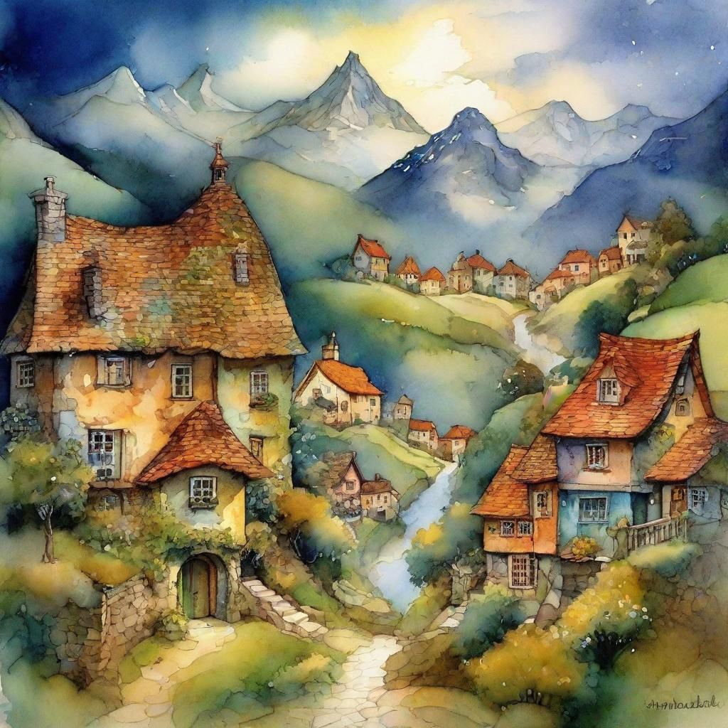 Whimsical Village: Sparkling Watercolor Illustration
