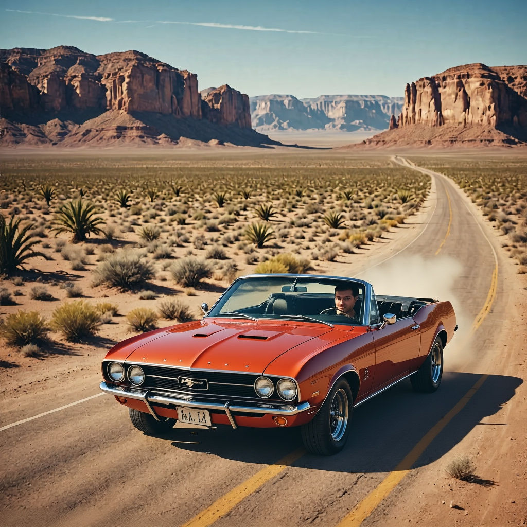 Muscle Car Speeds Through Desert Landscape With Wild Horses
