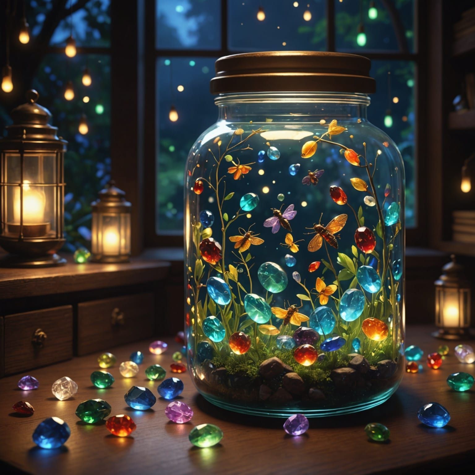 Magical Glass Jar with Fireflies, Digital Art