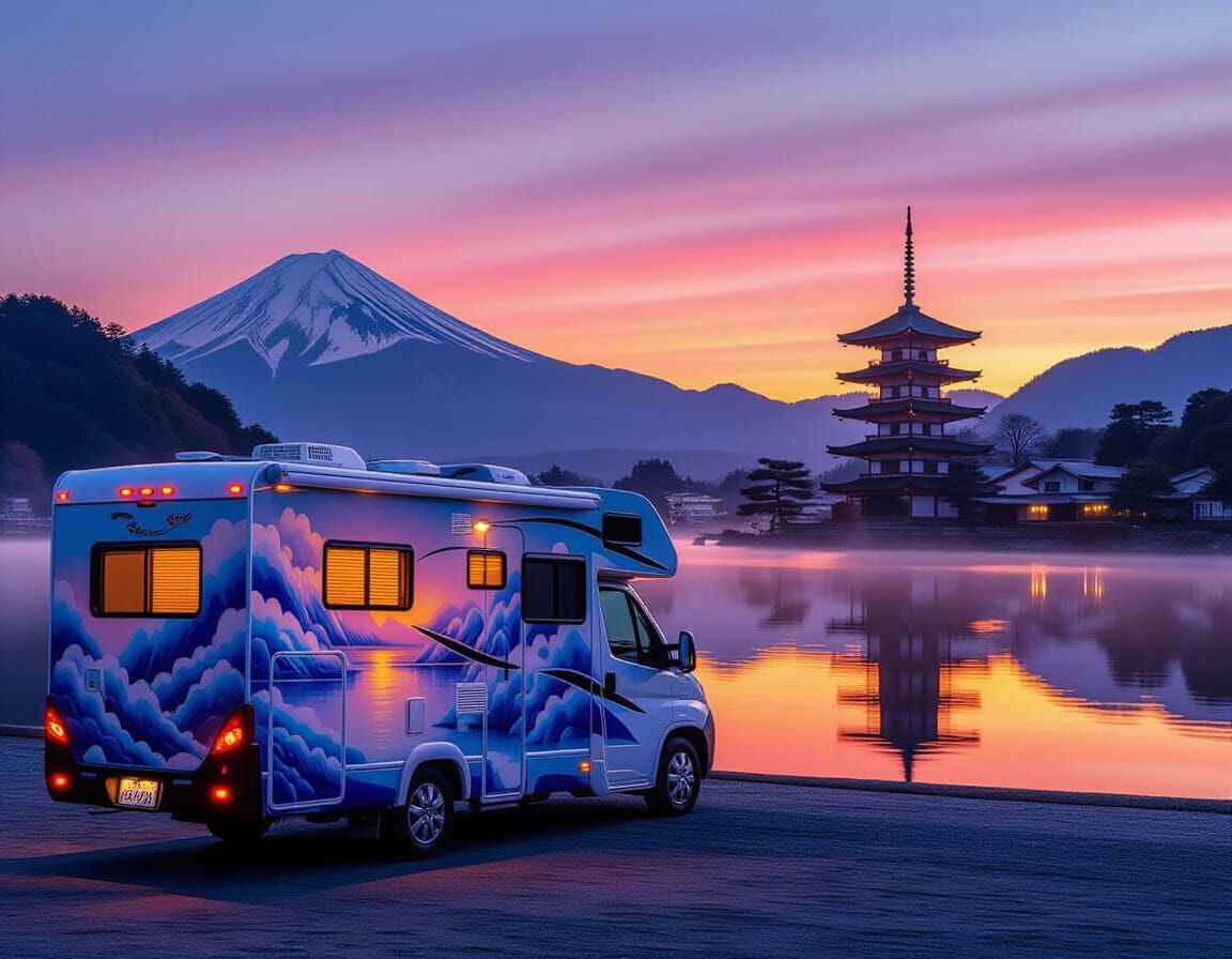 Luxurious RV at Dawn on Japanese Lake