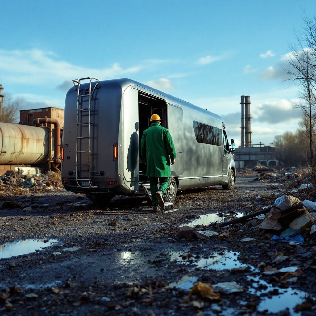 Italian Geologist in Industrial Landscape, Cinematic Style