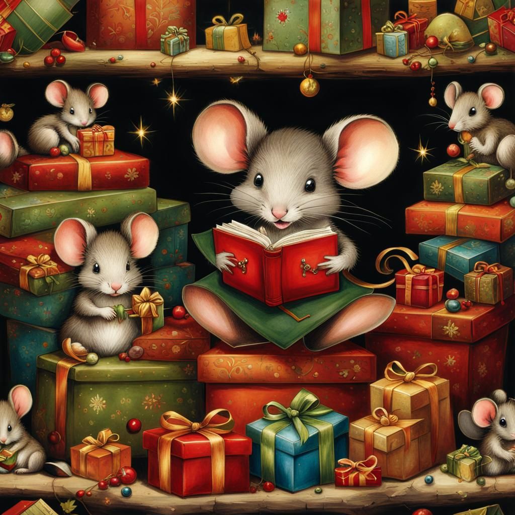Happy Anthropomorphic Mouse with Christmas Gifts