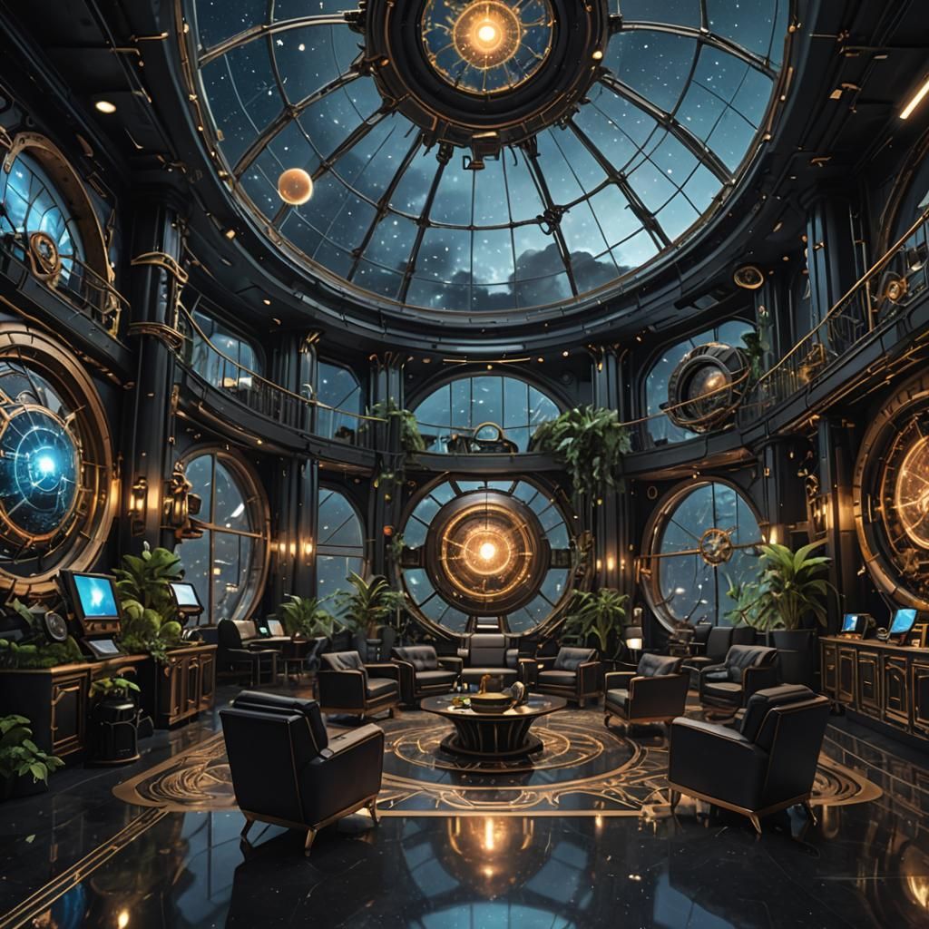 Cyberpunk Sky Lounge with Steampunk Astronomical Elements