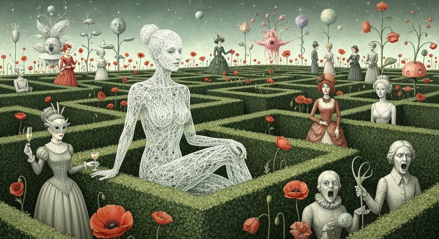 String Woman in Maze with Blooming Poppies