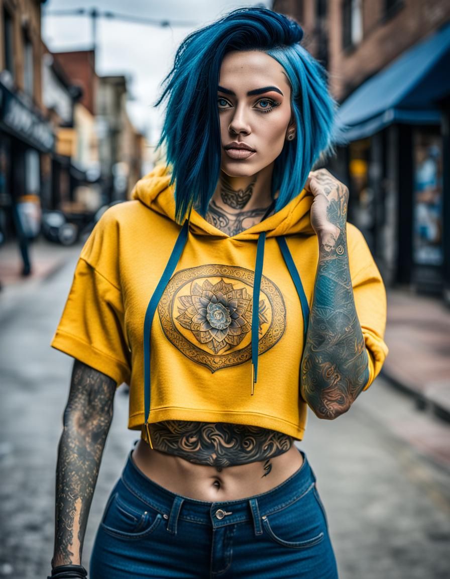 Beautiful Teen Girl with Tattoos and Blue Hair