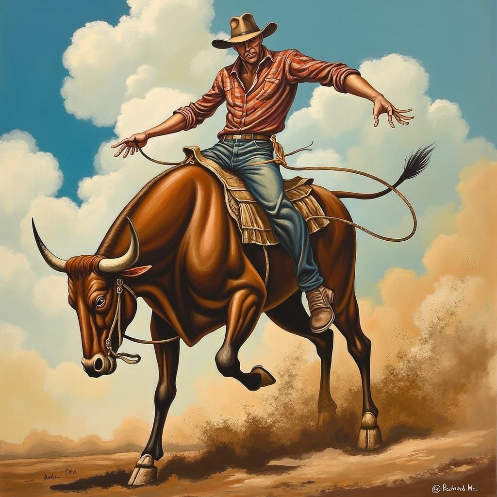 Cowboy Rides Bucking Bull: Western Art