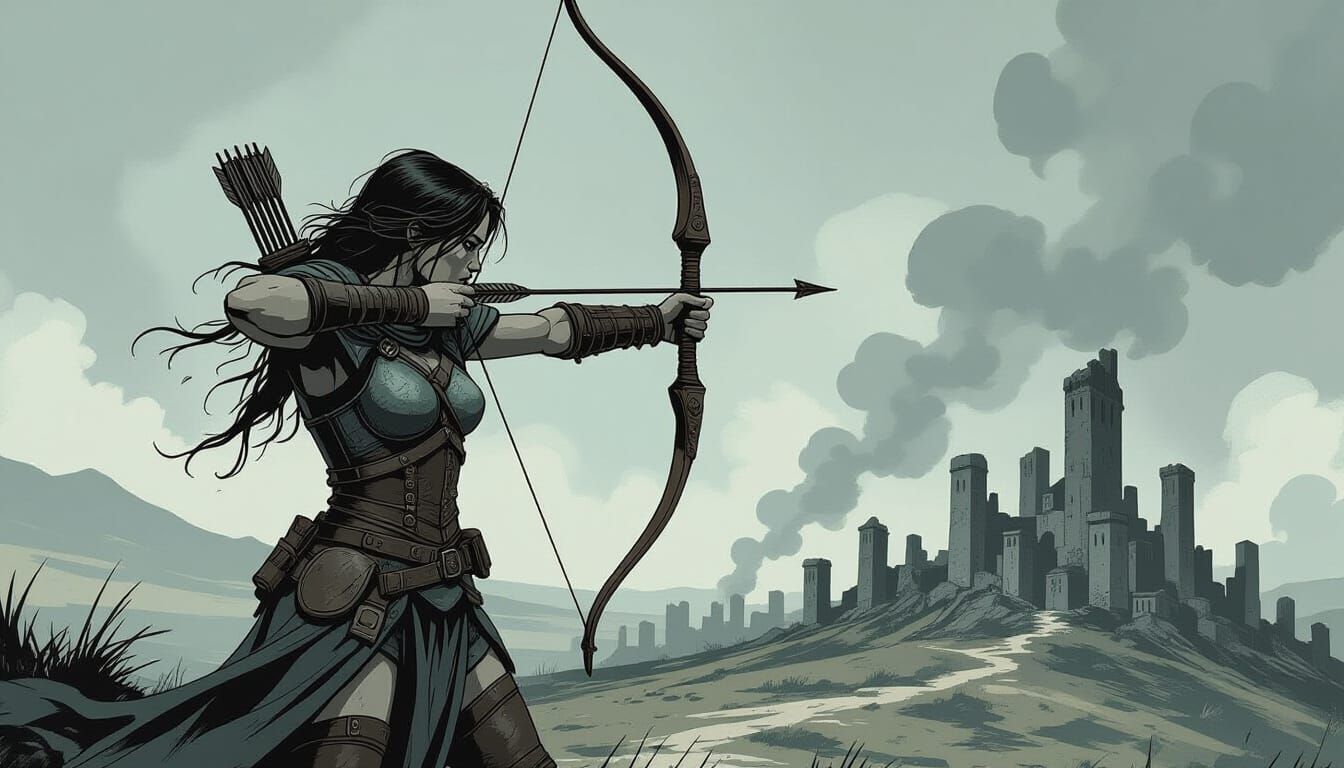 Female Archer Overlooks Ruined City in Comic Style