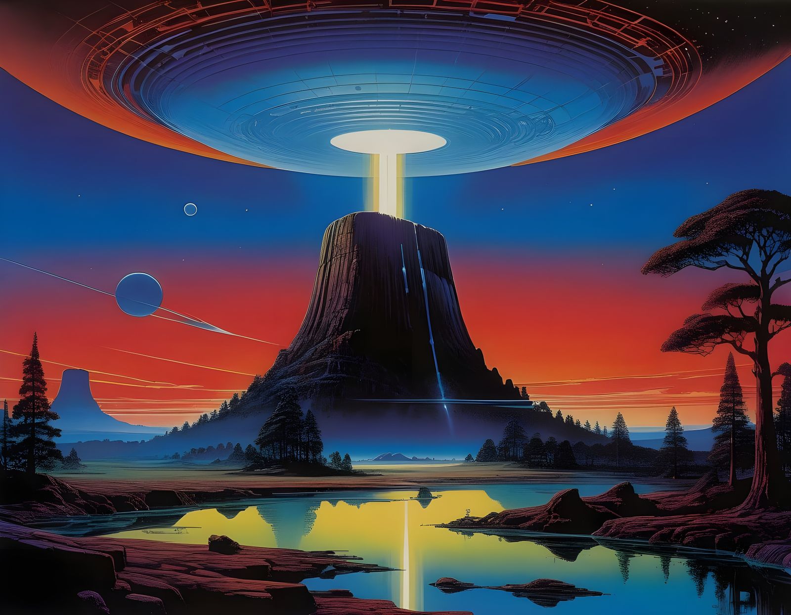 Surreal Landscape with Towering Butte and Glowing UFO
