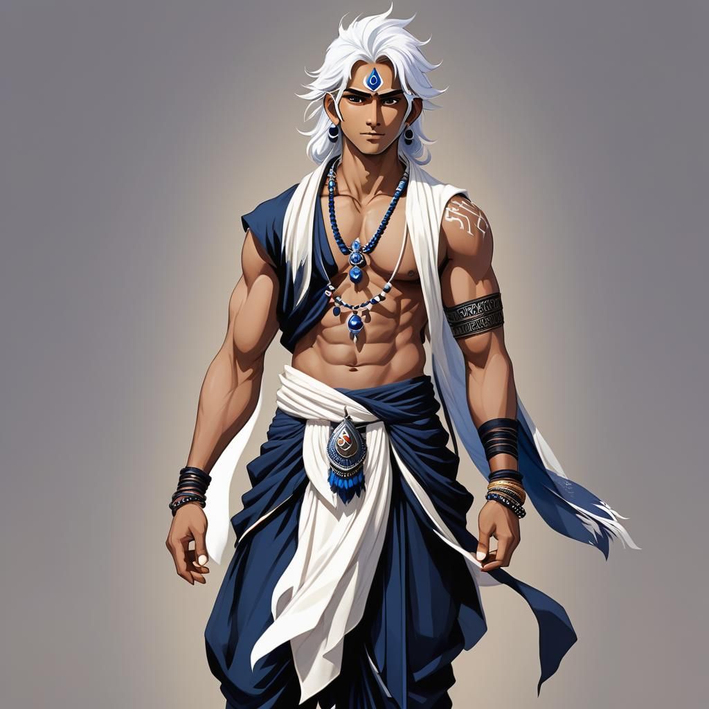 Anime illustration of a white-haired Indian man wearing dhot...