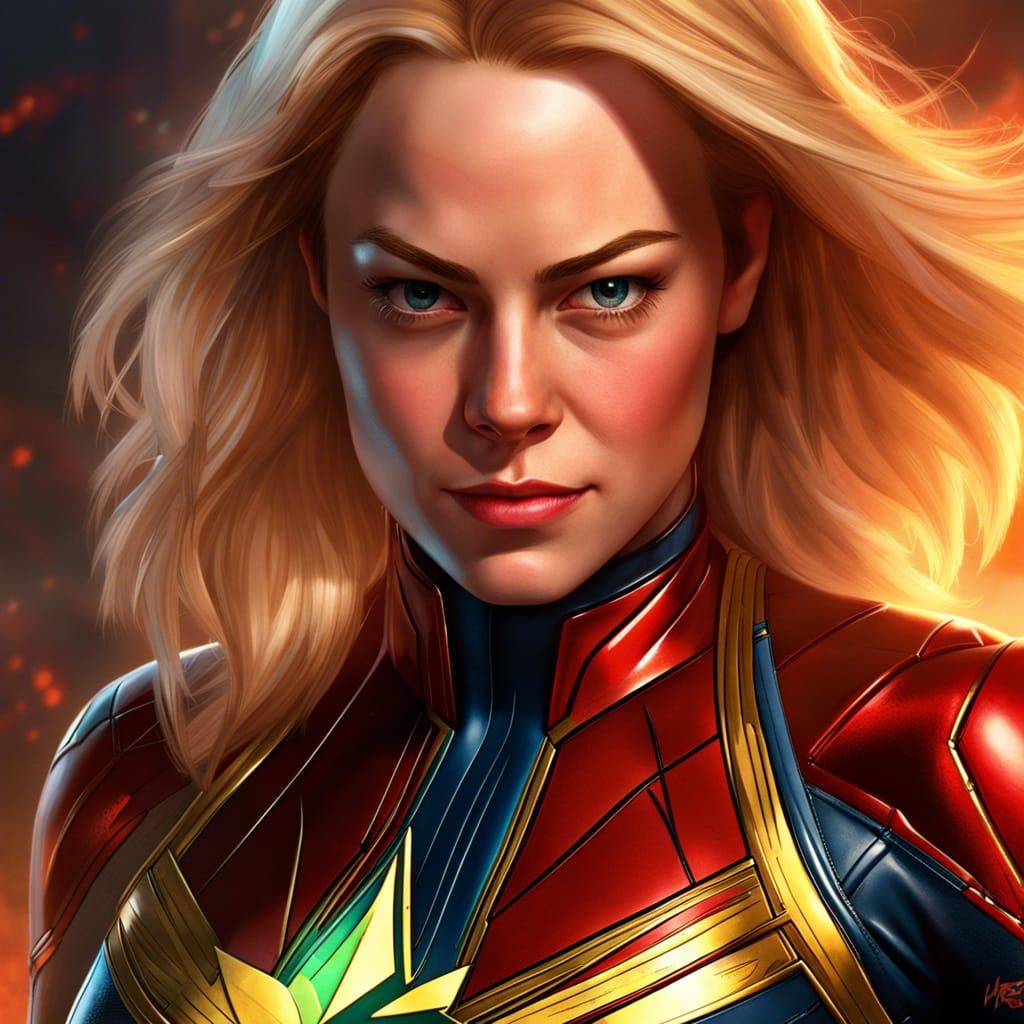 Hyper-realistic portrait of Emma Stone as captain marvel, bl...