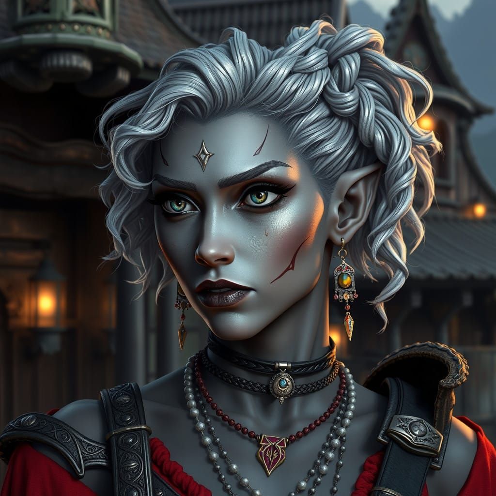 Elegant Gray-Skinned Drow Warrior in Ancient Village