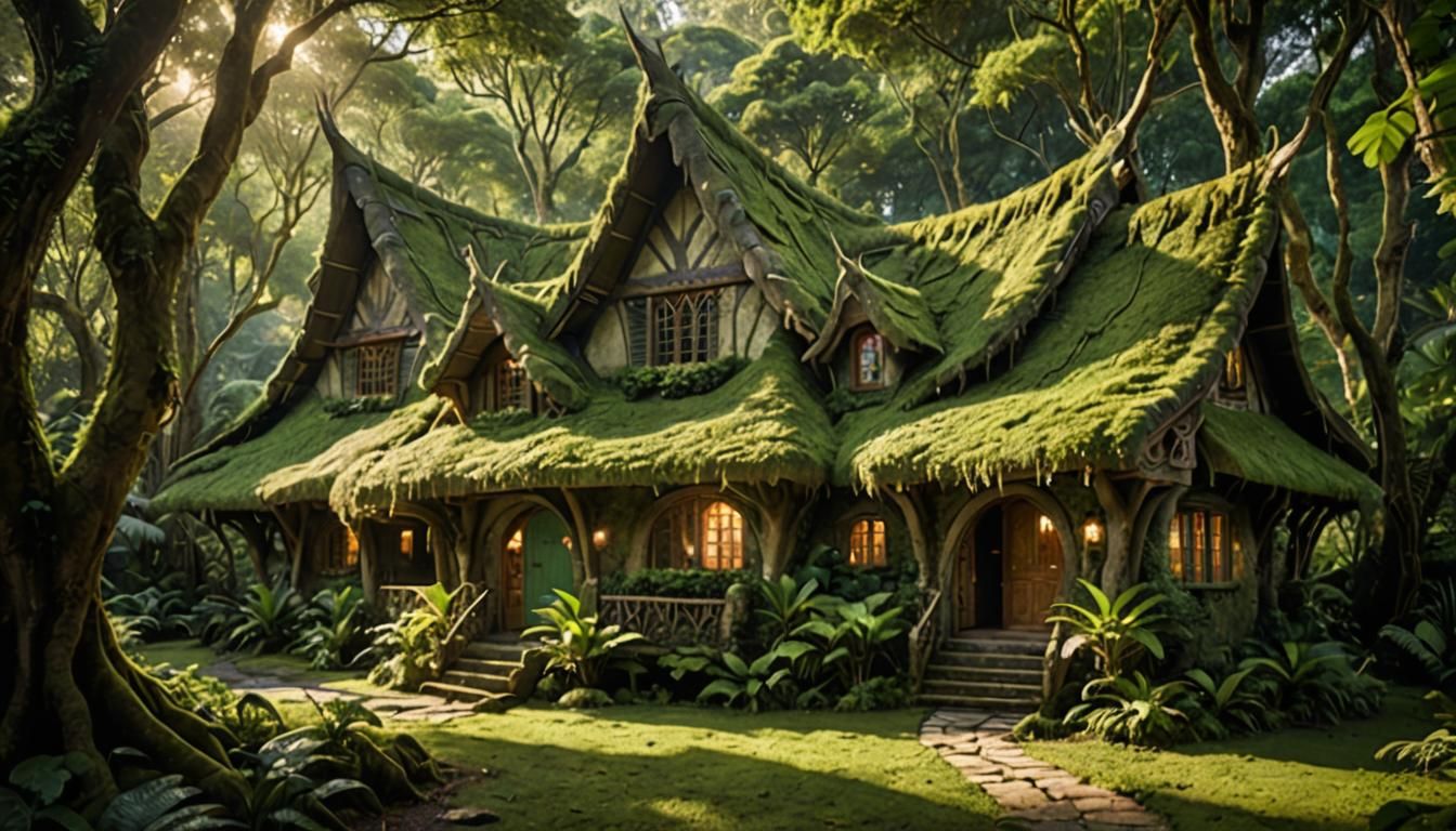 Ethereal Elven Cottage in Jungle, Fairytale Architecture