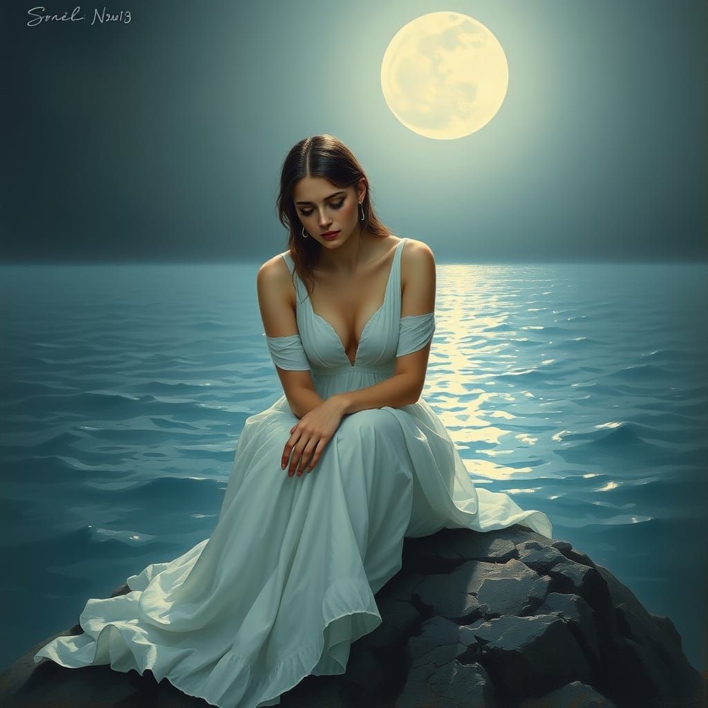 Woman's Solitary Sorrow Under Moonlit Skies