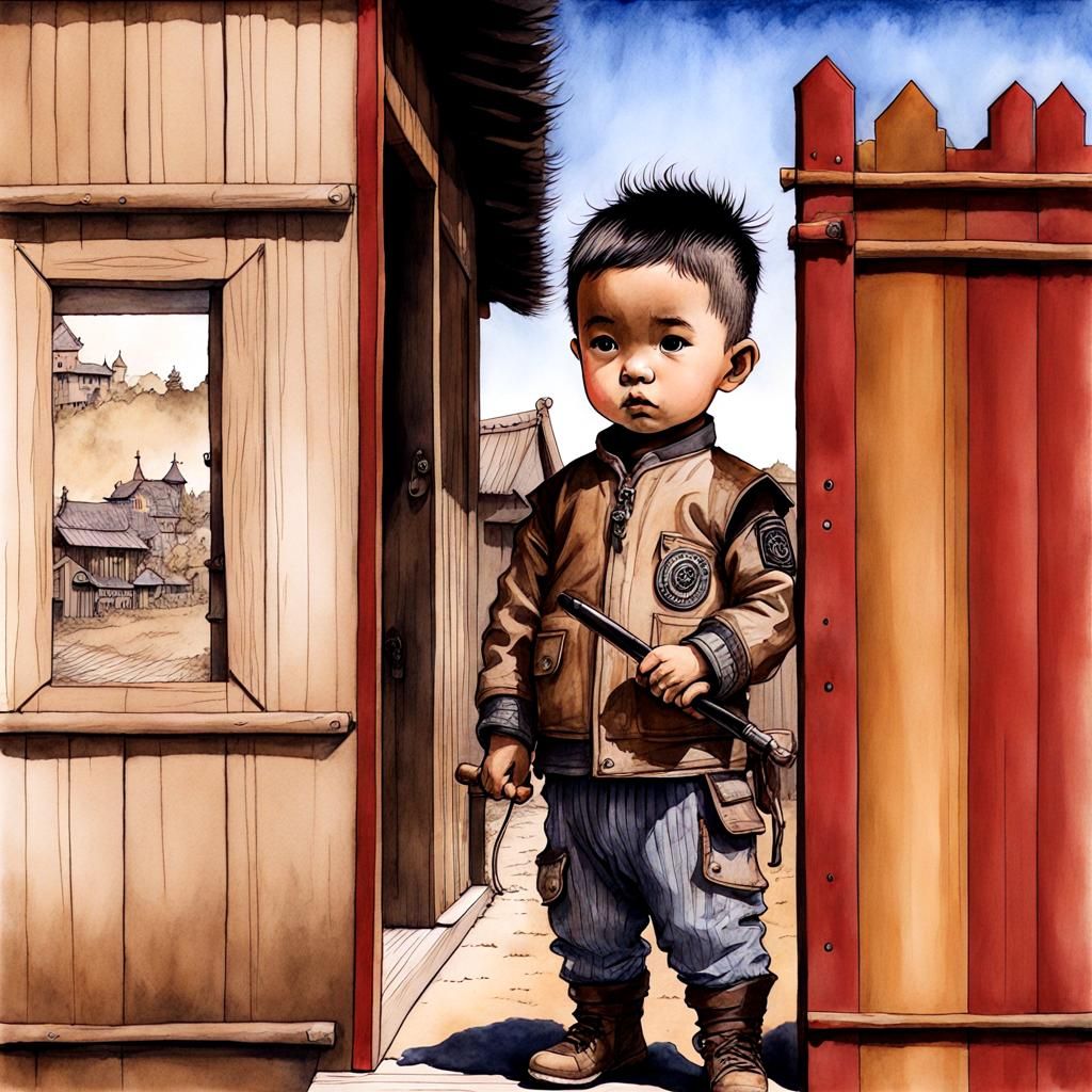 Vintage Pen and Ink Chibi Boy Drawing