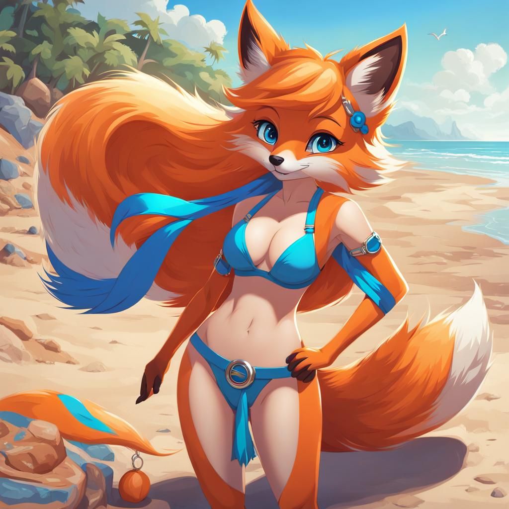 Humanoid Fox with Orange Hair on the Beach