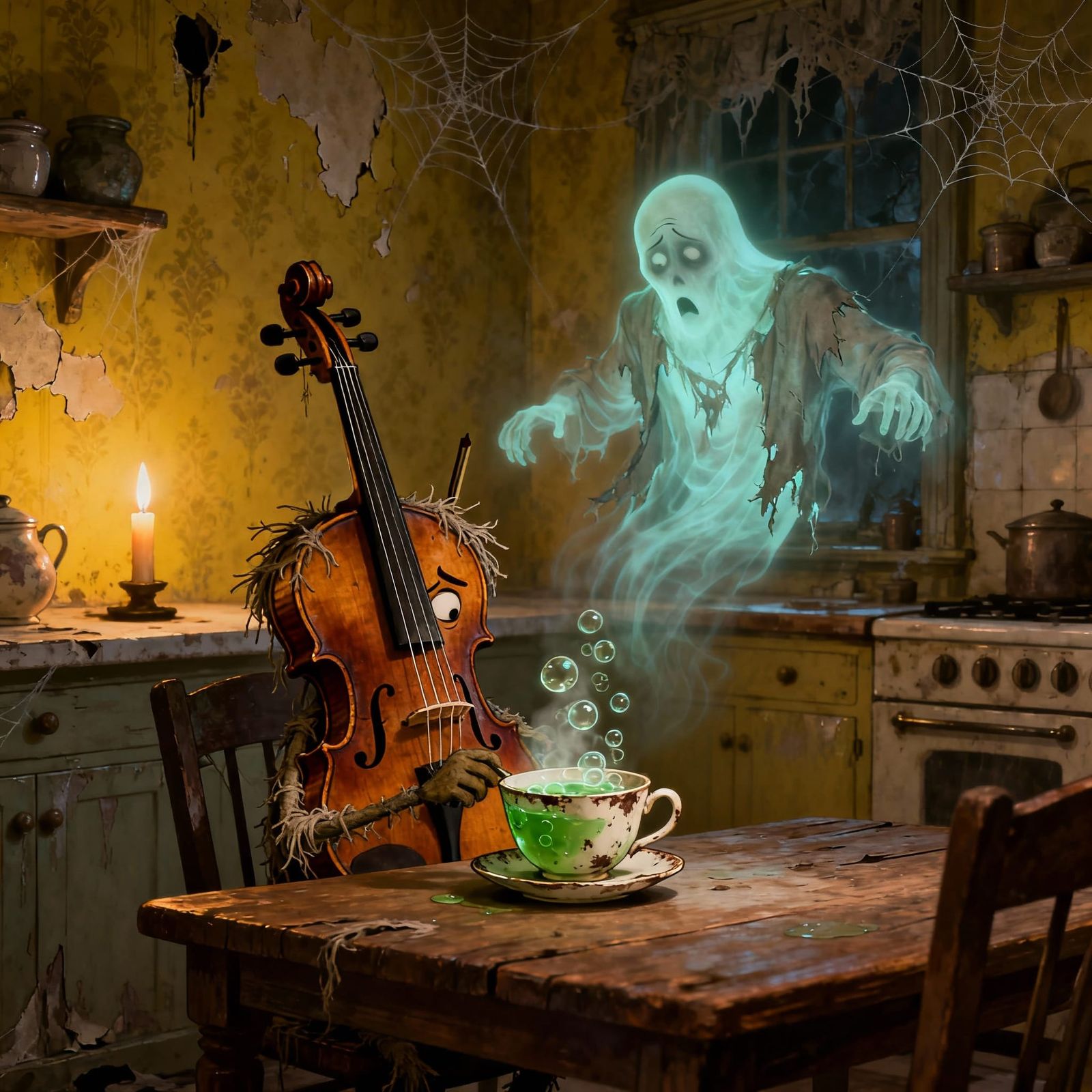 A frazzled anthropomorphic violin sipping bubbling sickly gr...