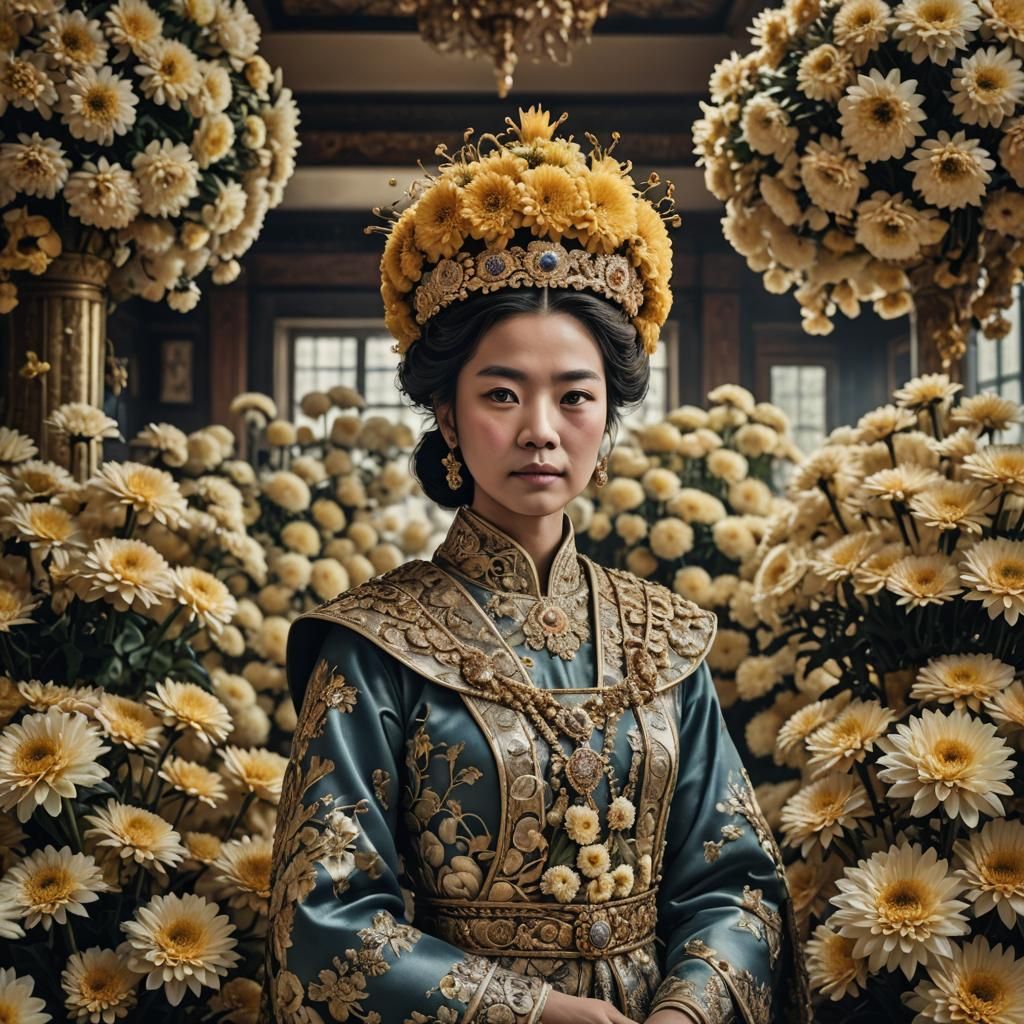 Crowned Woman Adorned with Chrysanthemums in Hyperrealistic ...
