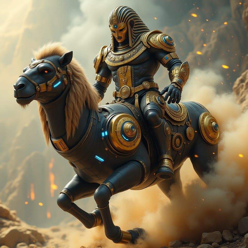 Steampunk Pharaoh Riding Camel Mech in Sci-Fi Style