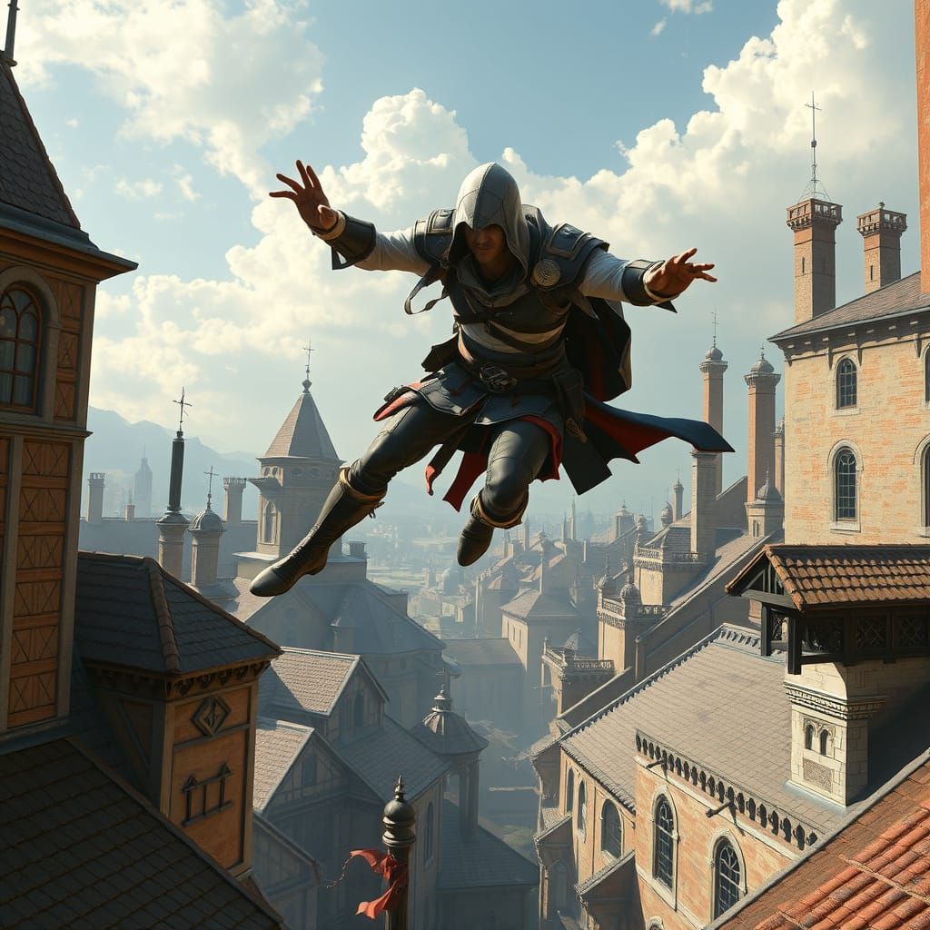 Assassin Leaping Across Rooftops in Renaissance Setting