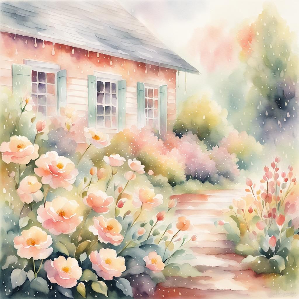 Soft Focus Watercolor Cottage Scene