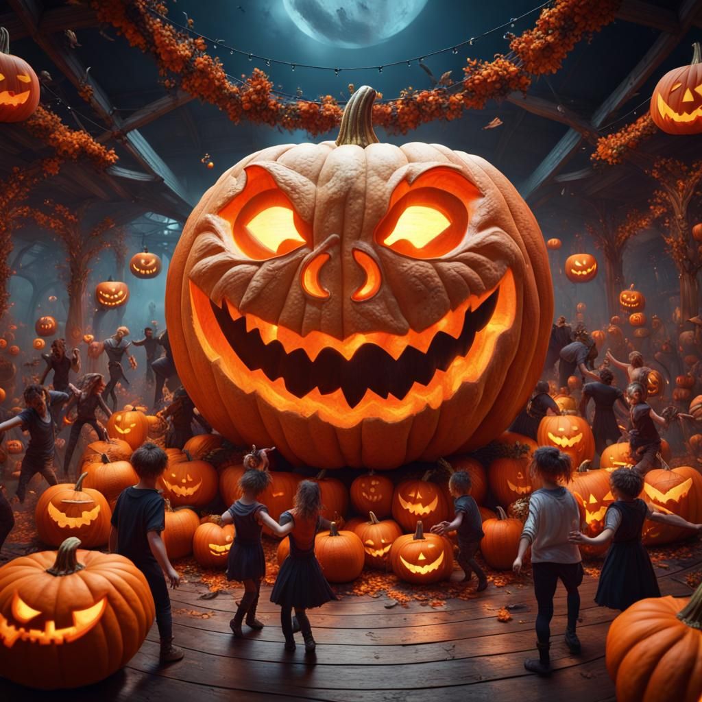 Halloween Party with Giant Pumpkins in Detailed Digital Art