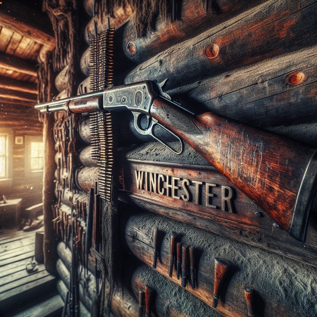 Winchester Rifle Wall Display in Dystopian Setting