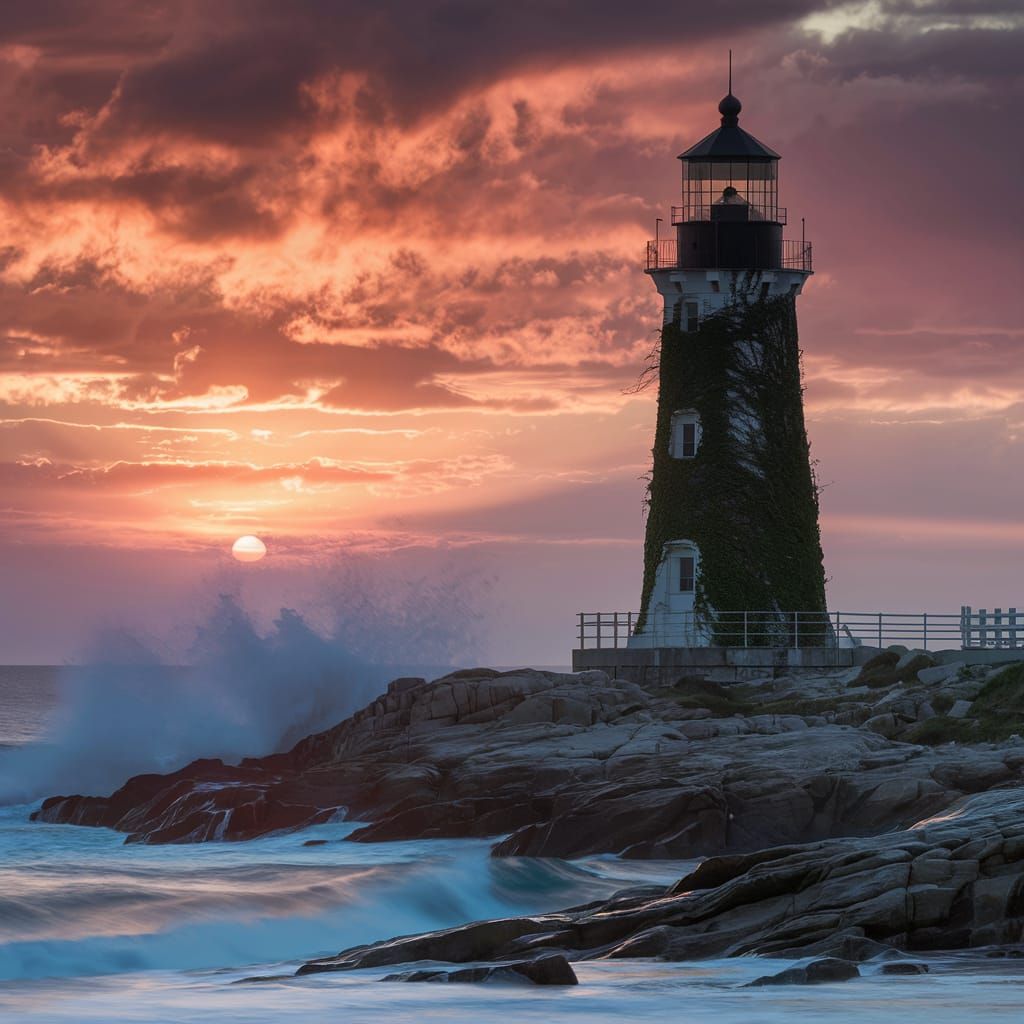 Romantic Lighthouse at Sunset on Rocky Coast