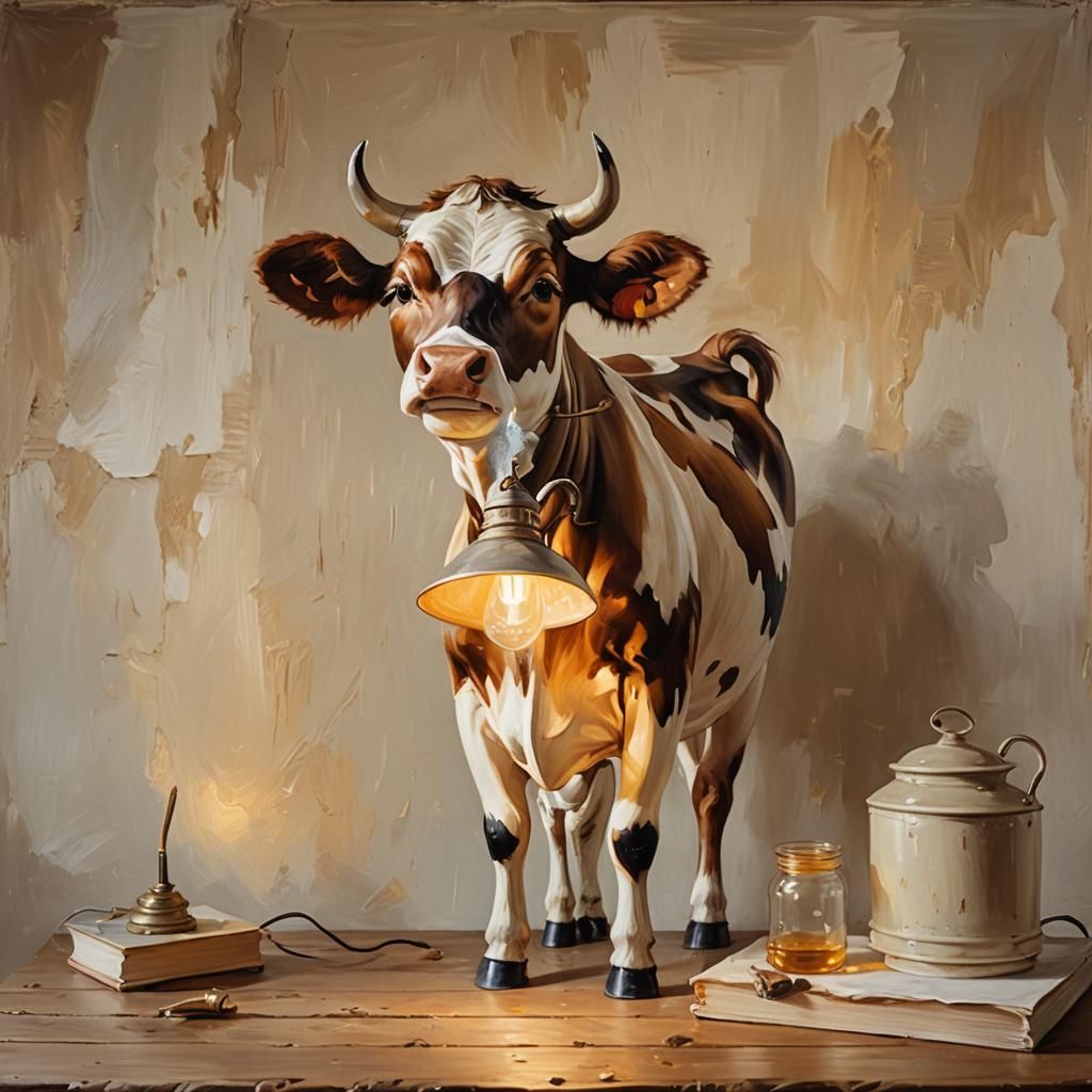 Cow Lamp Still Life in Oil Painting Style
