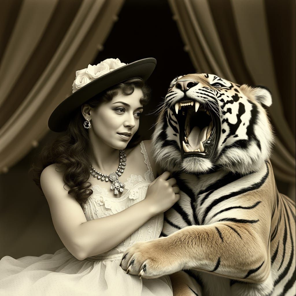 Vibrant Circus Woman Amidst a Majestic Tiger in a Digital Ar...