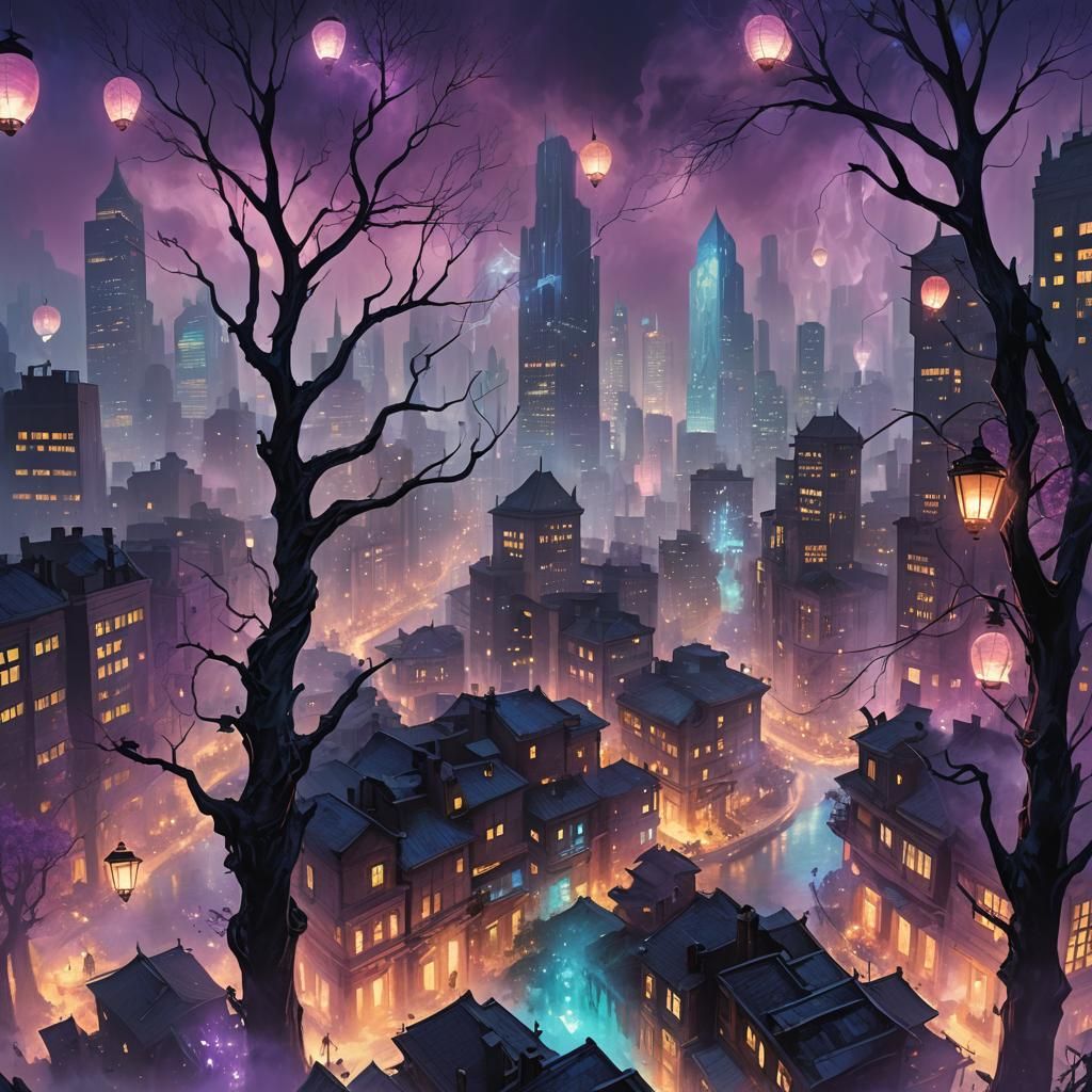 Spectral Realm Merges with City in Fantasy Art