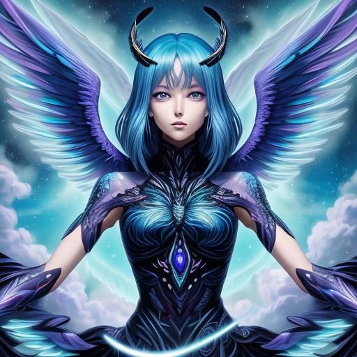 Alien Angel Girl with Blue Hair in Manga Style