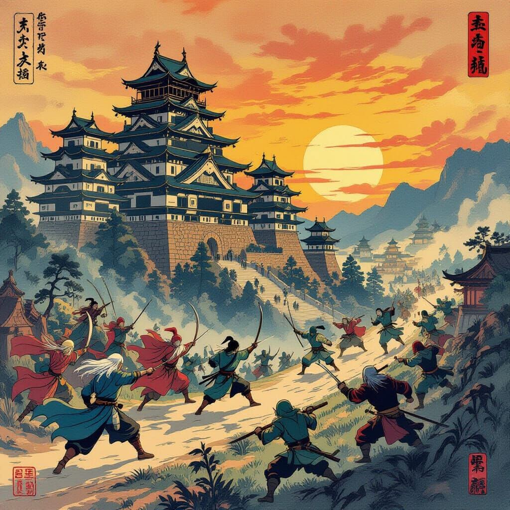 Ukiyo-e Style Fantasy Battle Scene: Elves, Dwarves, Wizards ...