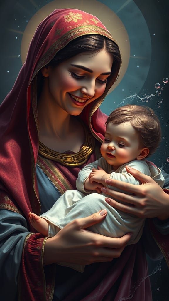 Mary and Baby Jesus in a Fantastical Scene