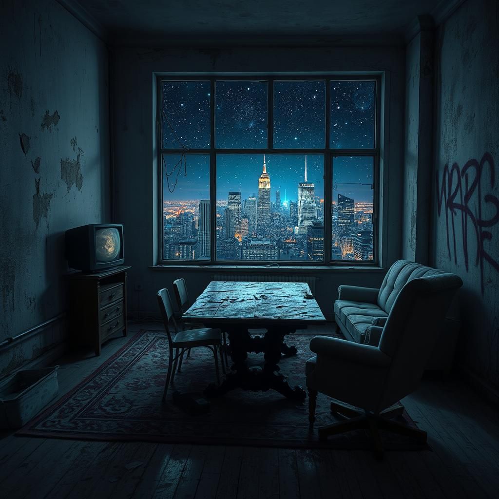 Dingy Room Reflects City Lights as Matte Painting