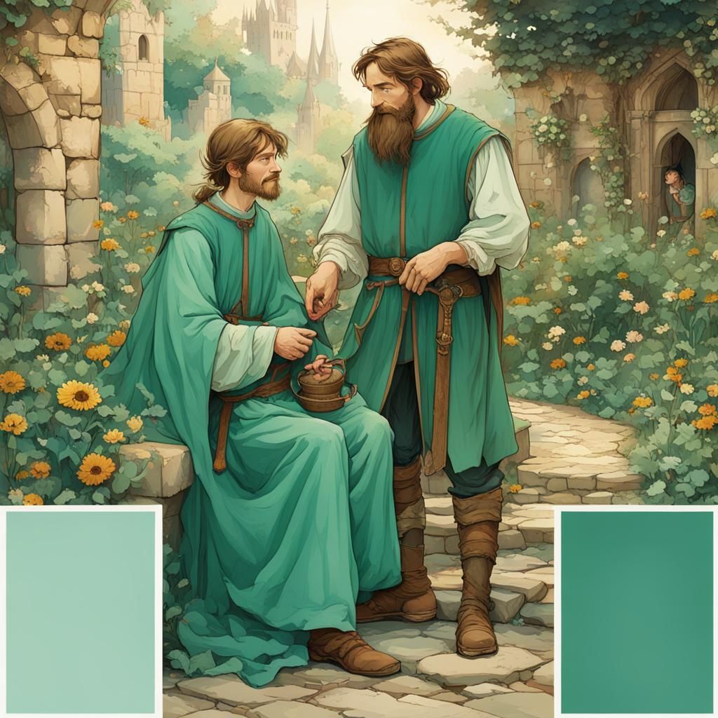 Medieval Father and Son in Anime Fairytale Garden