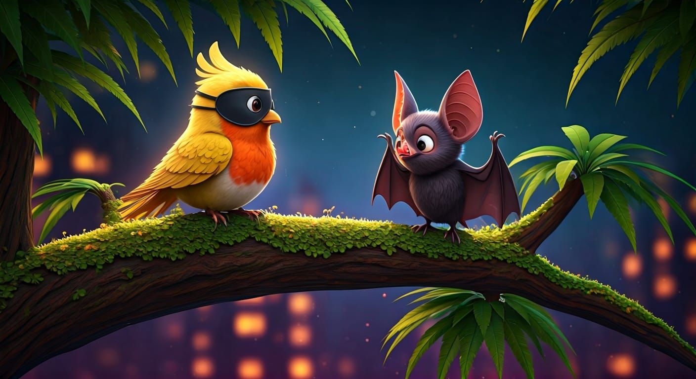 Robin and Bat Chat in Metropolis, Pixar-Style 3D