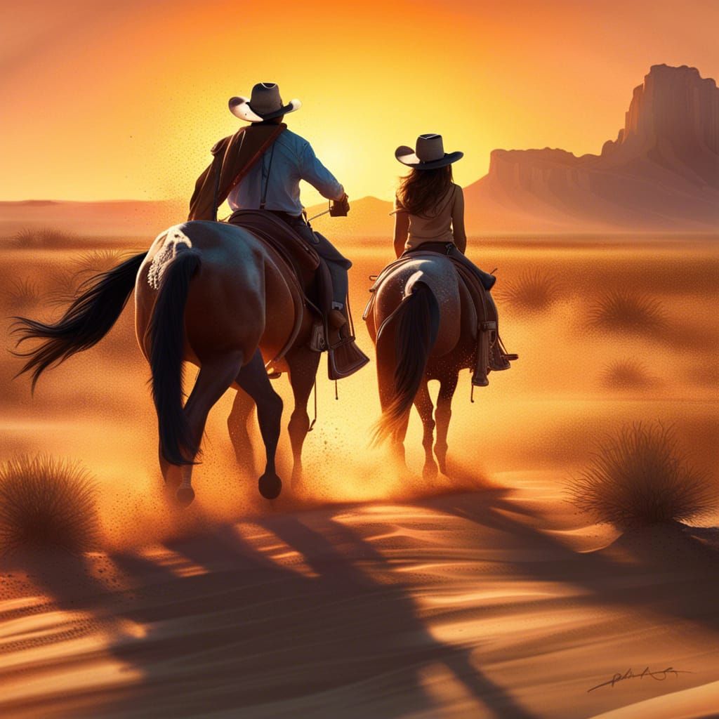 Cowboy and Cowgirl Ride into Desert Sunset: Splash Art