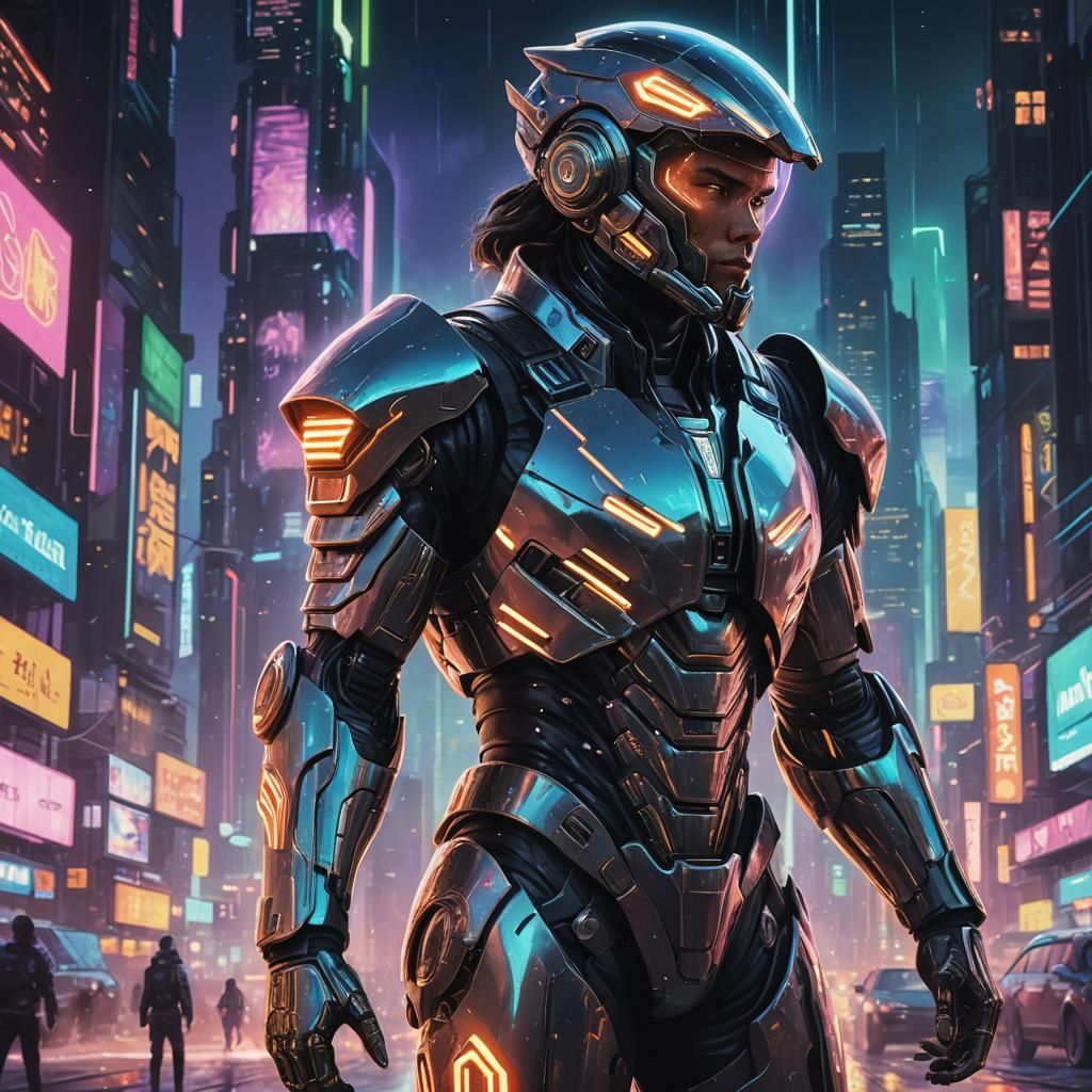 High-Tech Warrior in Neon Cityscape: Anime Concept Art