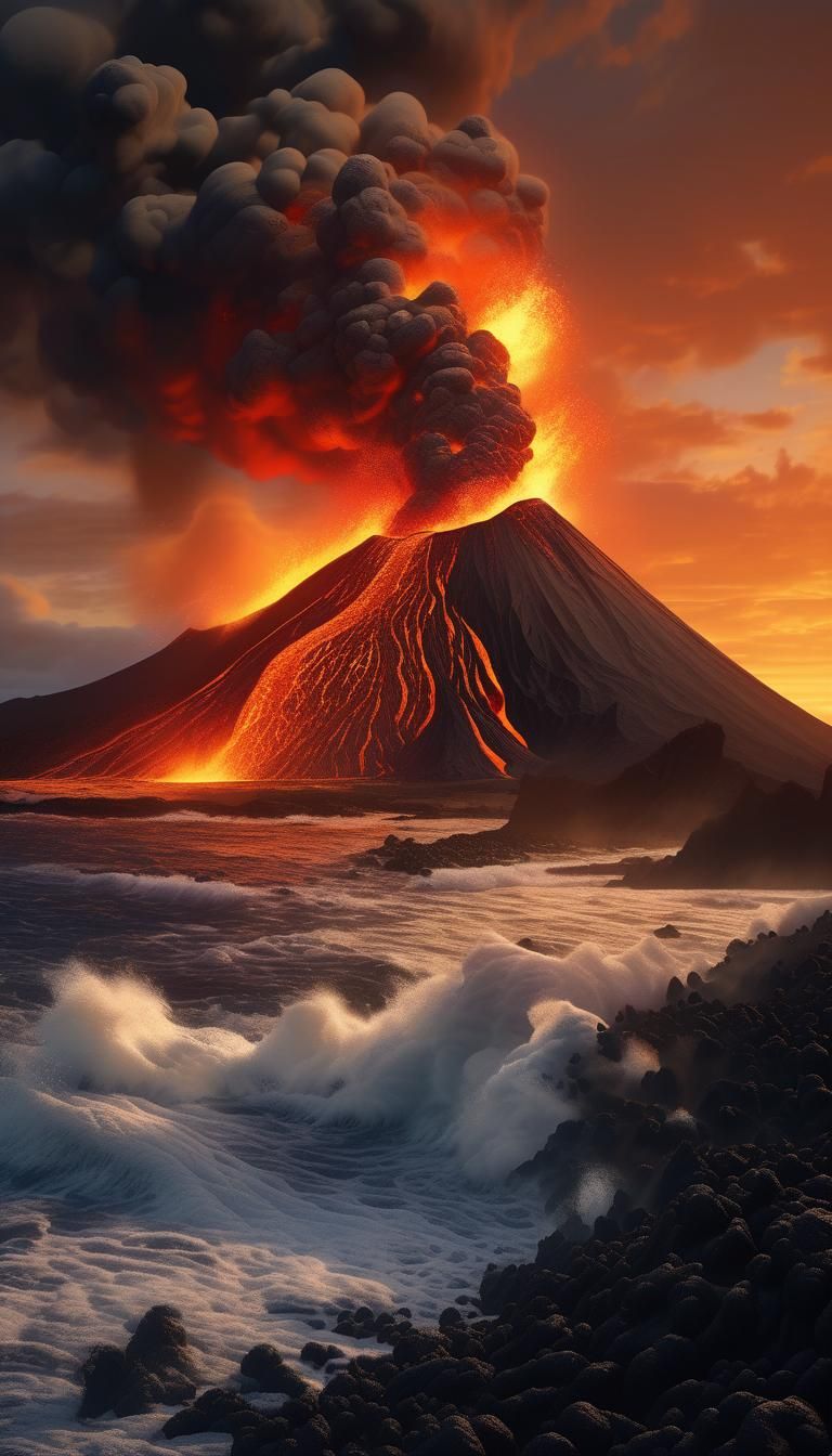 Volcano Erupting Lava on Black Sand Beach