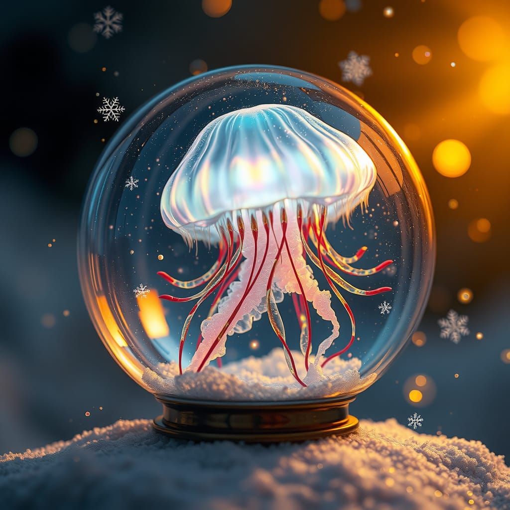 Iridescent Jellyfish in a Glowing Snow Globe