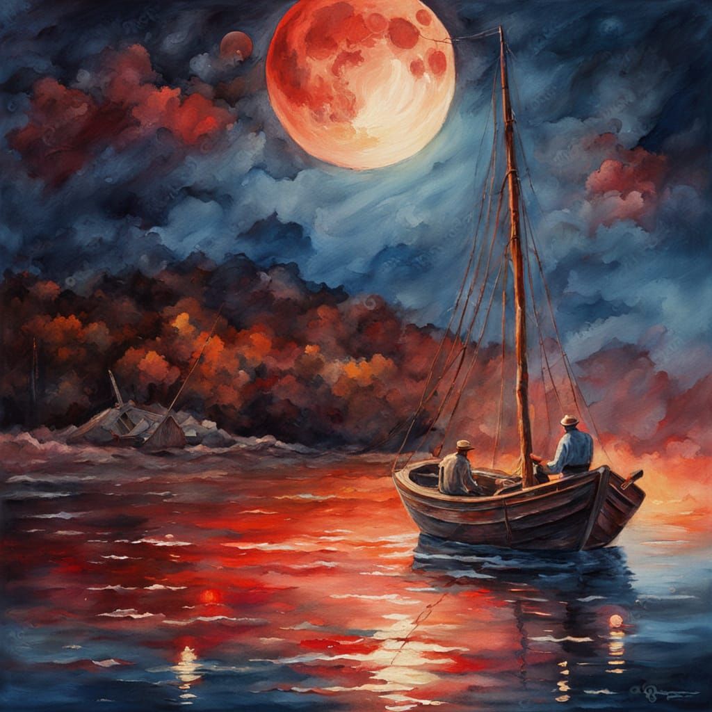 Old Man Fishing With Puppy Under Blood Moon, Oil and Waterco...