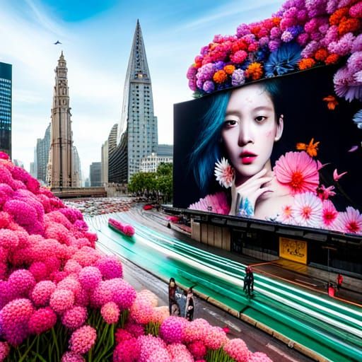 Floral Billboard with 'Now Open' Message in Hyperreal Style