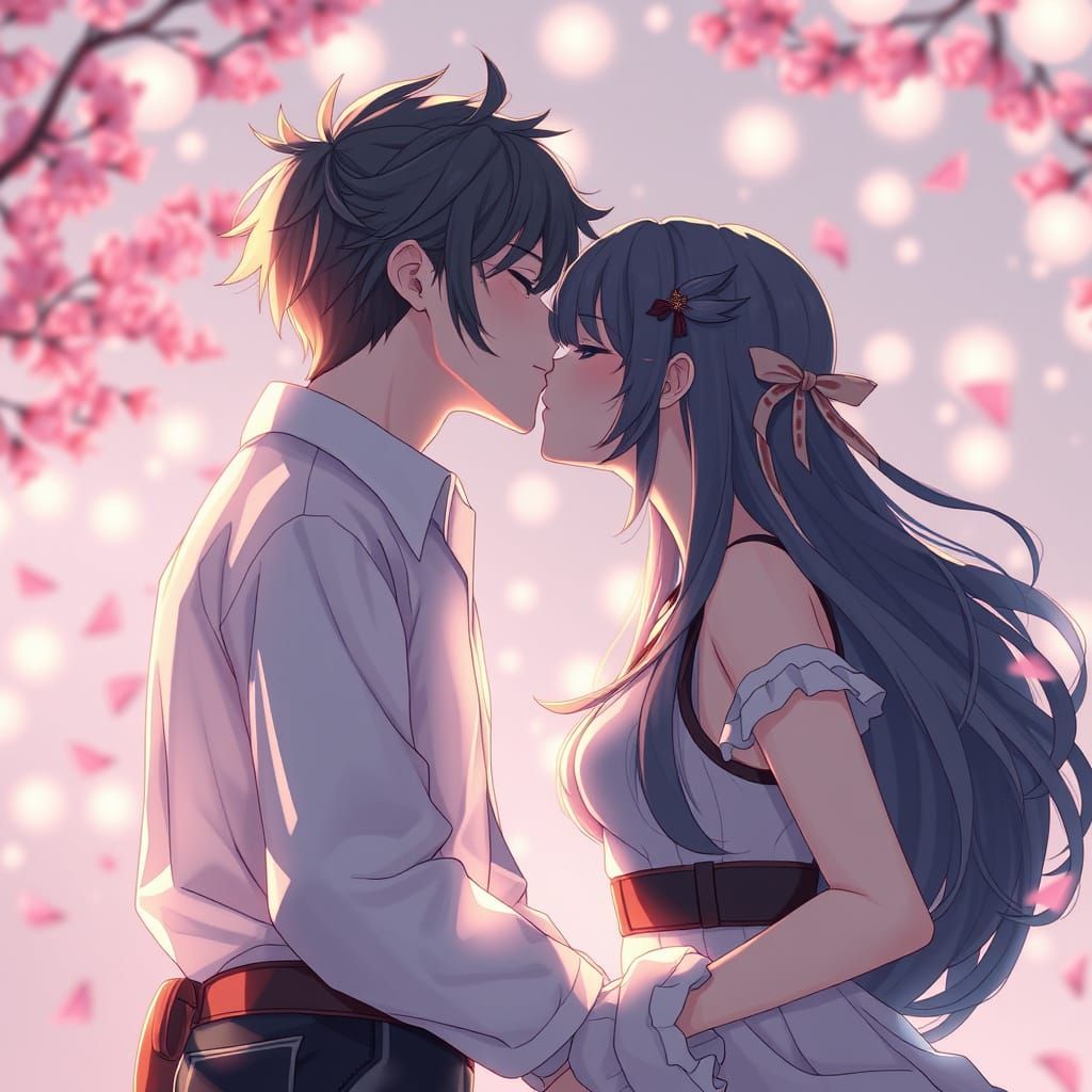 Romantic Anime Couple Share a Tender Kiss in 8K Resolution