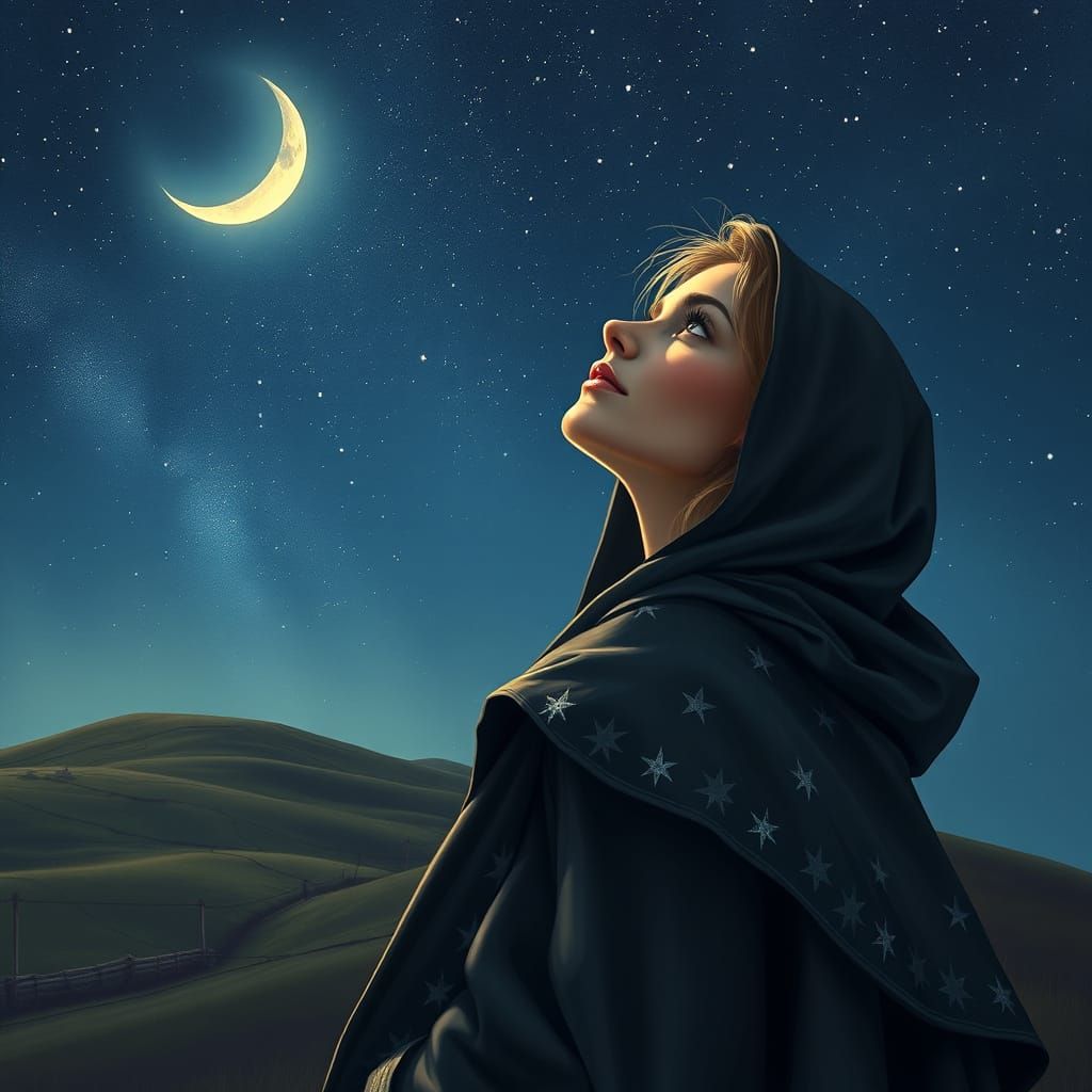 Serene Woman in Starlit Night, Ethereal Dreamscape